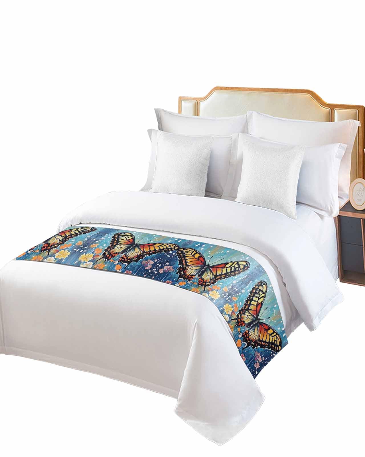 DecorLovee Butterfly Flower Blue Bed Runners for Cal King Size Bed, Decorative Bed Throws for Foot of Bed, Spring Summer Oil Painting Floral Bed Runner Sofa Throw Bedding Scarf Protector for Bedroom