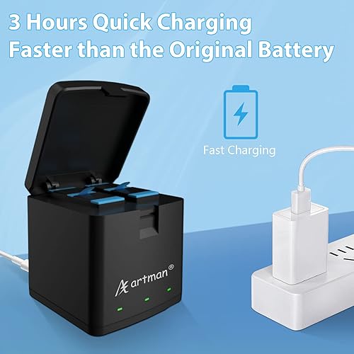 Miniatura 5 de Artman Hero 1110 - Paquete de 3 baterías y 3 canales Hero 11109 cargador de batería para GoPro Hero 91011 negro, compatible con batería y cargador