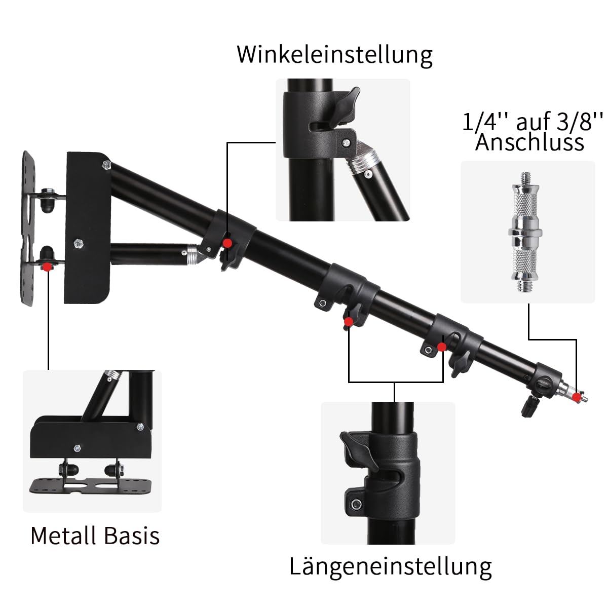 Montaggio a parete, braccio triangolare con lunghezza fino a 41,3 pollici/105 cm per riprese video in studio per flash, softbox, luci ad anello, luci singole, ombrelli, riflettori