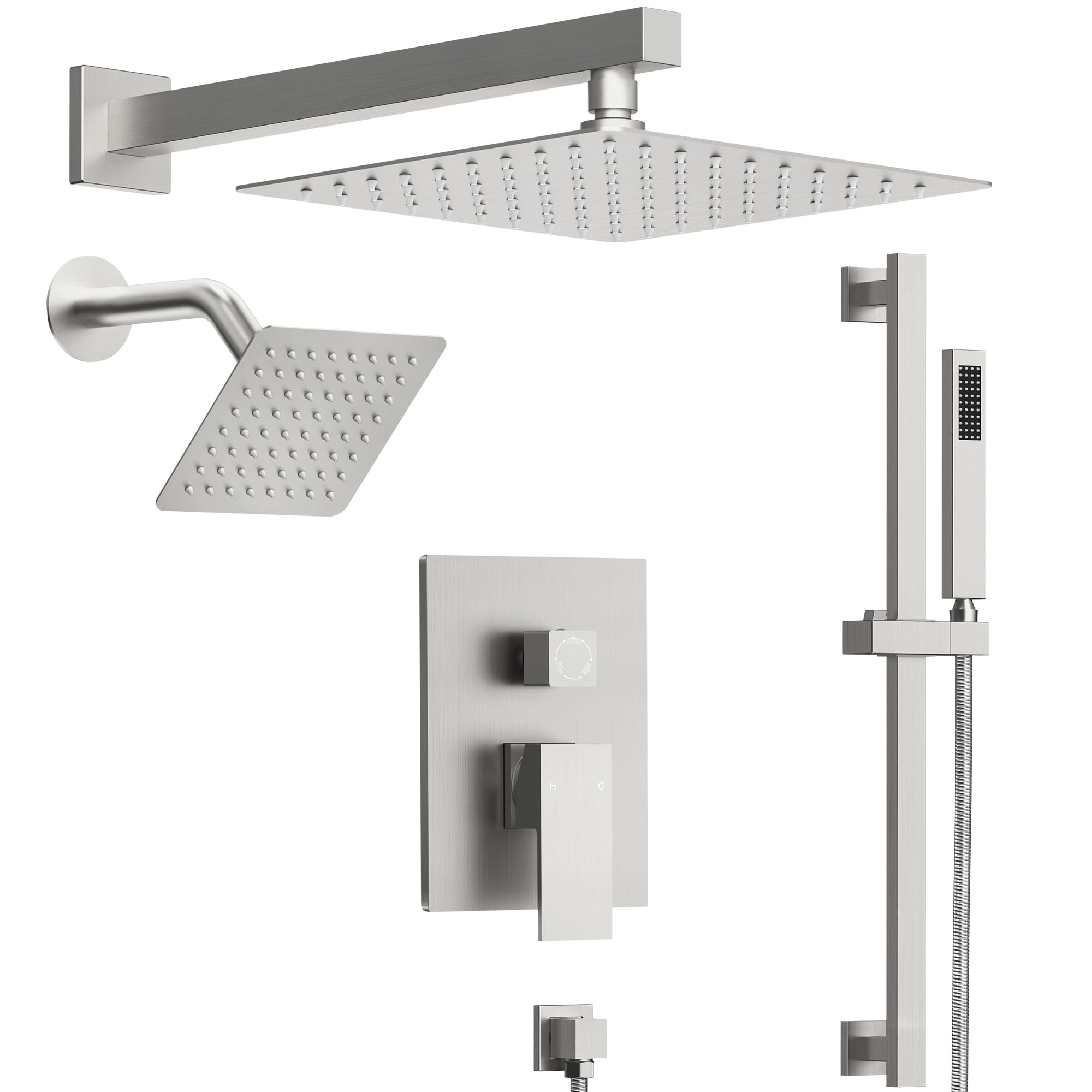 10" High-Pressure Rainfall Shower Faucet with Handheld Spray, Wall Mount Dual Shower Head System with Slide Bar (Brushed Nickel)