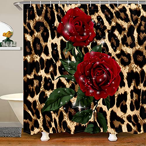 Erosebridal Leopard Print Shower Curtain Rose Flower Bath Curtain Cheetah Skin Bathroom Shower Curtain 72" W X 72" L Red Floral Leaves Bathroom Curtains Waterproof Cloth Fabric for Bathroom,