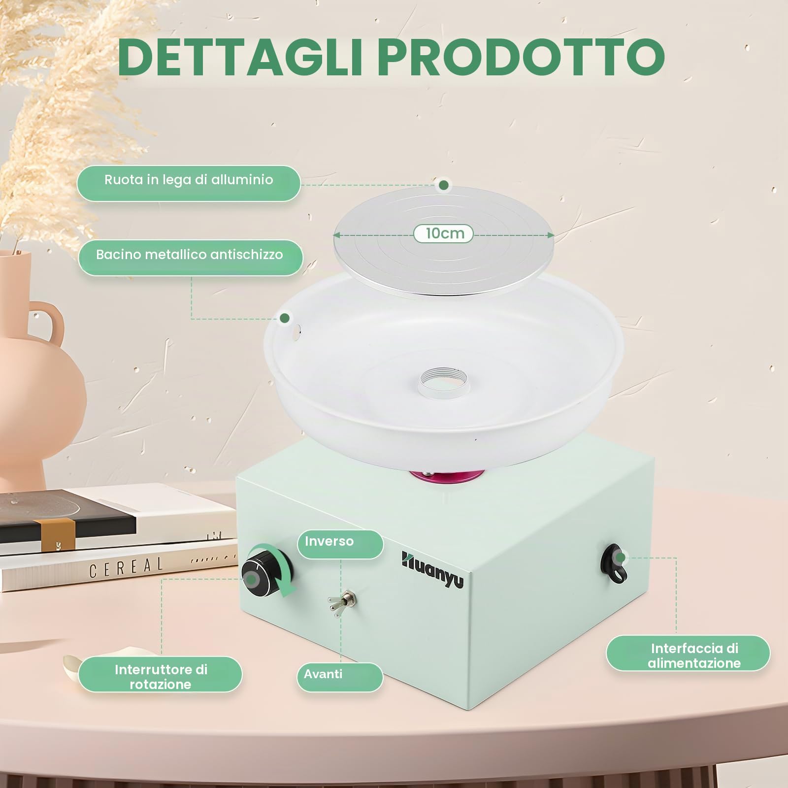 Huanyu Ruota di Ceramica 10cm/4in Mini Elettrico Ruota di Ceramica Piccoli vasai per i Principianti 0-2000RPM velocità Regolabile Ceramica Ruota di Ceramica con 27pcs Ceramica Strumenti Kit (Verde)