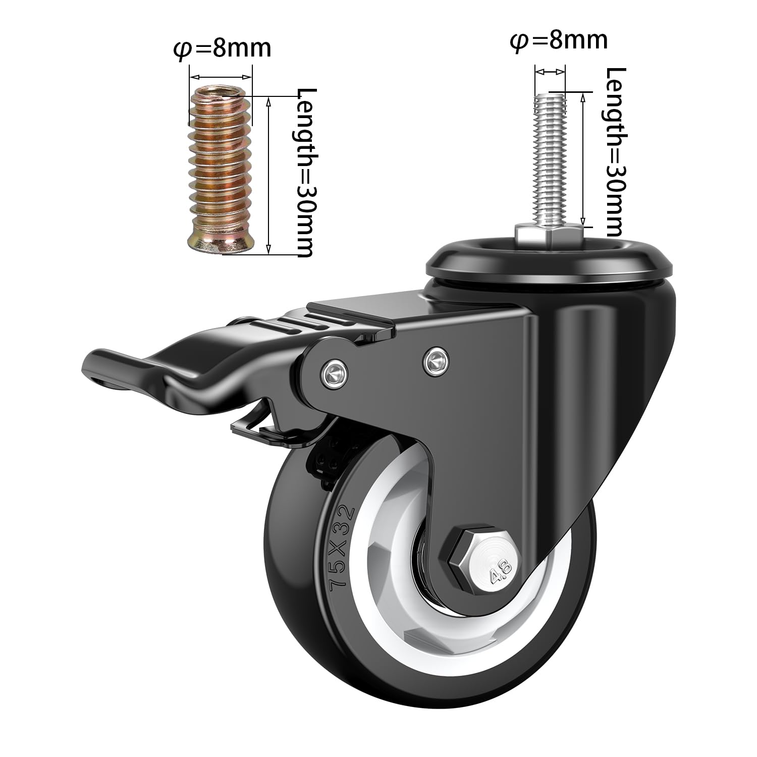 DICASAL 3 Inch Metric Stem Casters, M8*30 Stem Diameter 8mm, Length 30mm Heavy Duty Locking Cster 360 Degree Swivel Stem Wheels with Double Brakes Quite PU Rim for Floor Pack of 4