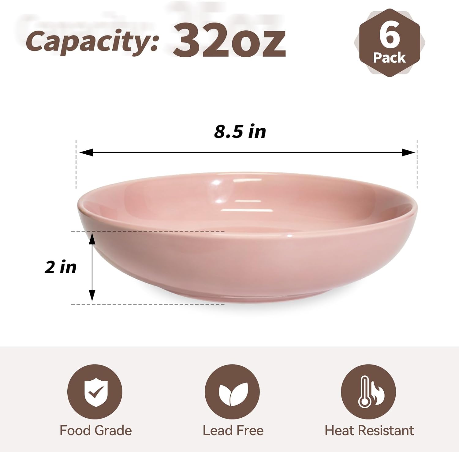 WDZZHOT 8.5" Ceramic Pasta Bowls Set of 6, 32 oz Bowl Plates