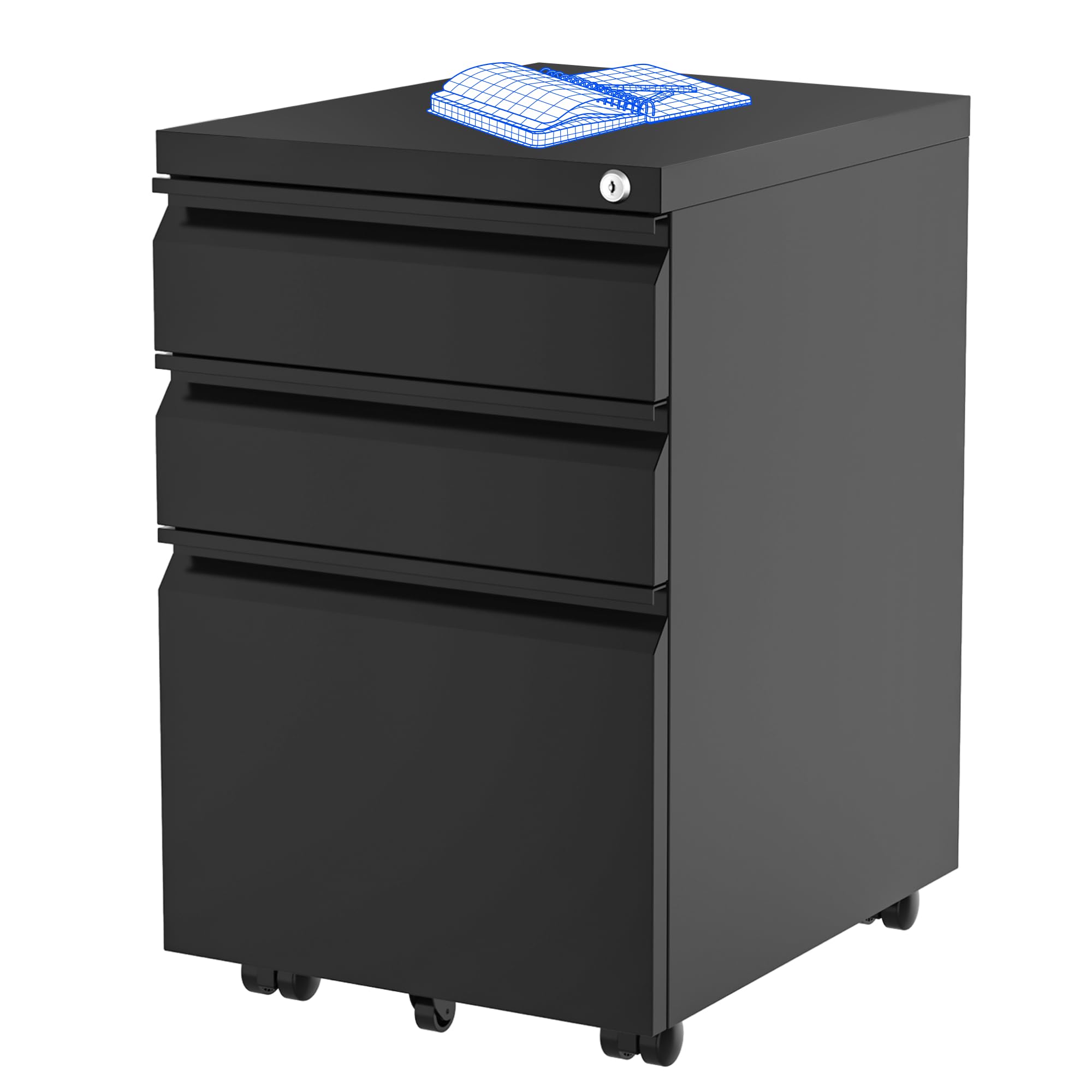 FLEXISPOT CB32 Cassettiera da Ufficio Studio Scrivania, Mobiletto con Ruote per Documenti e Cancelleria, con 3 Cassetti e Serratura