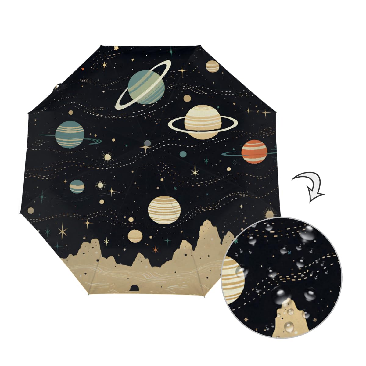 Ombrello pieghevole astratto a mano Universo ombrello da viaggio compatto antivento impermeabile con protezione UV rivestimento nero leggero 8 coste portatile per pioggia sole
