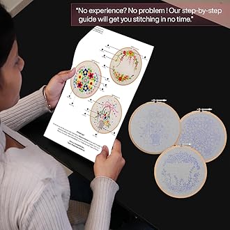 EmbroideryMaterial Pack of 3 Embroidery Kits – Floral Wreath, Colorful Floral & Basket of Flowers Designs, Embroidery Kit for Beginners & Adults with Wooden Hoop, Cloth Fabric (All Material Included)