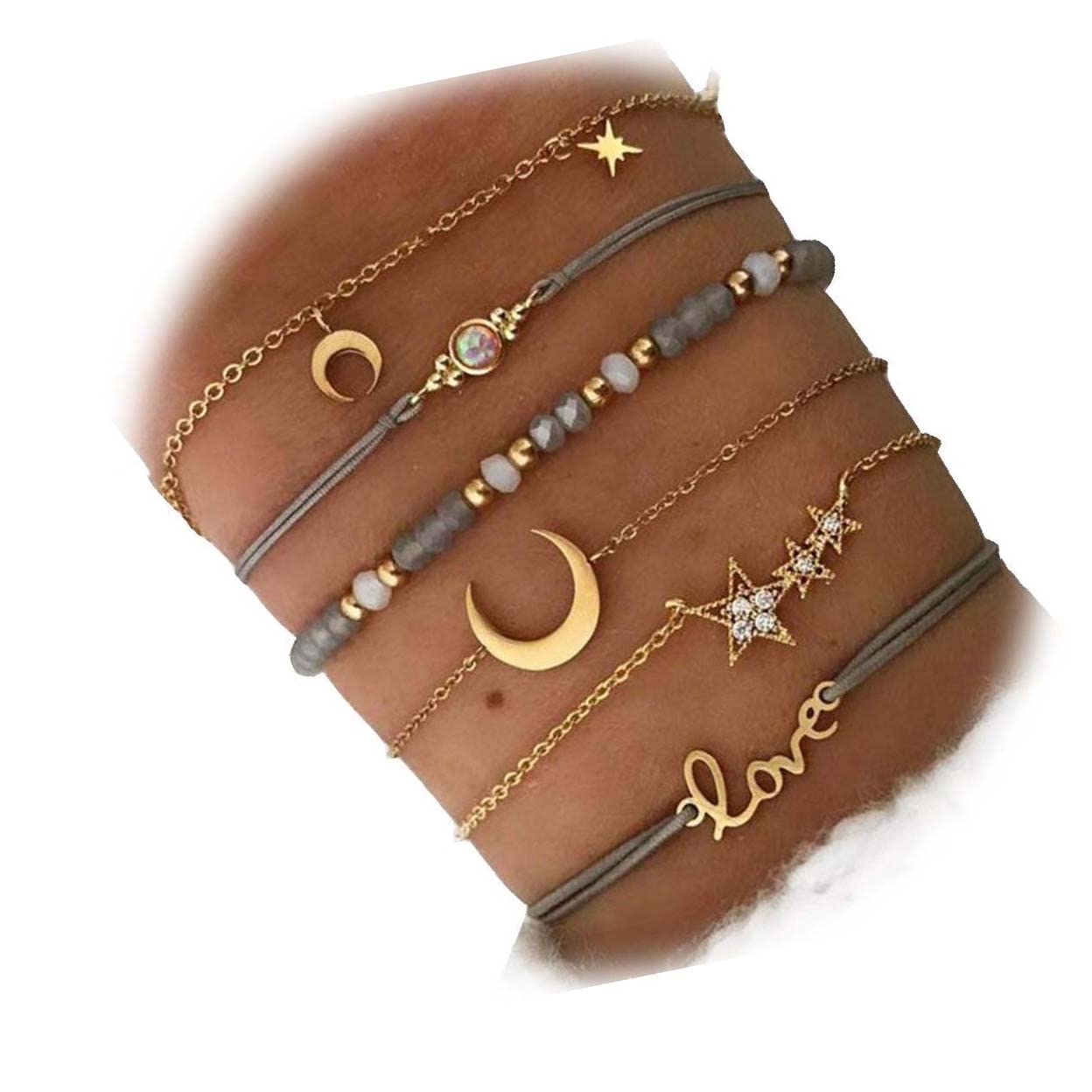 Boho Layered Bracelet Set Star and Moon Bracelets Grey Beaded Hand Chain Stack Hand Accessories for Women and Girls（6 Pack）