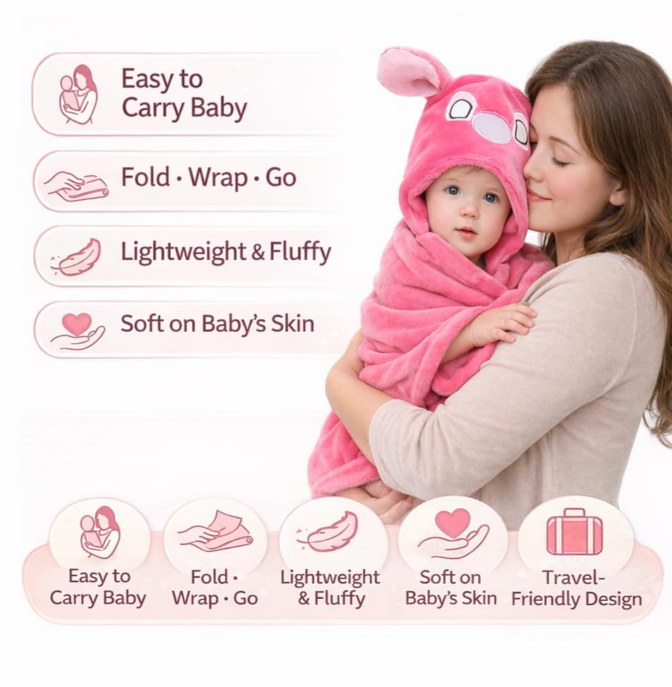 Image of First Kick Fleece New Born Baby Blanket Pack of Super Soft Bathrobe Baby Wrapper Cum Baby Bath Towel For Baby Boys, Baby Girls, Babies (80Cm X 80Cm, 0-6 Months Lightweight (Pink)