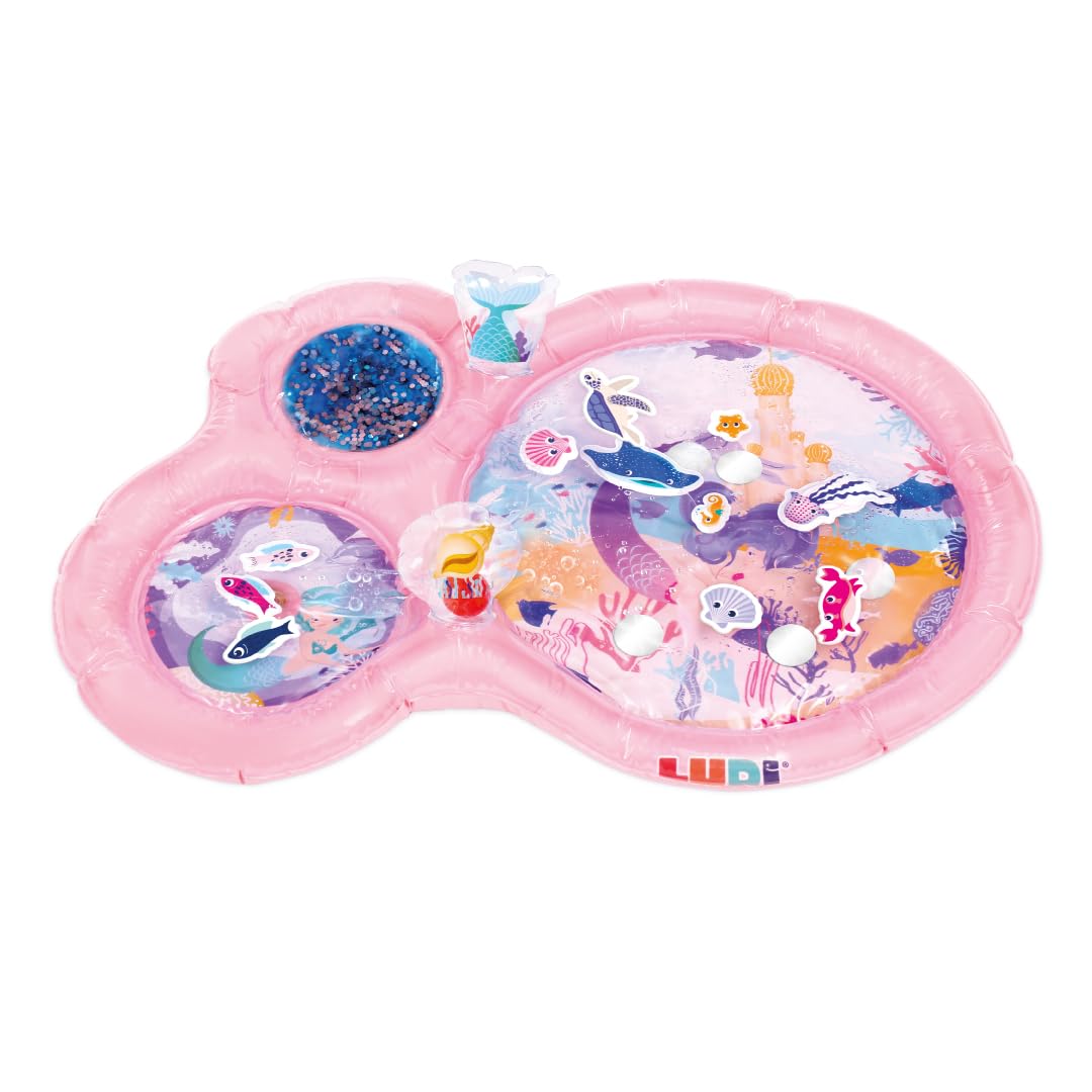 LUDI Coperta a forma di sirena, grande, per un momento di relax e risveglio, bordi gonfiabili, elementi galleggianti, tra cui 5 specchi, 2 attività sonore, gel glitterato