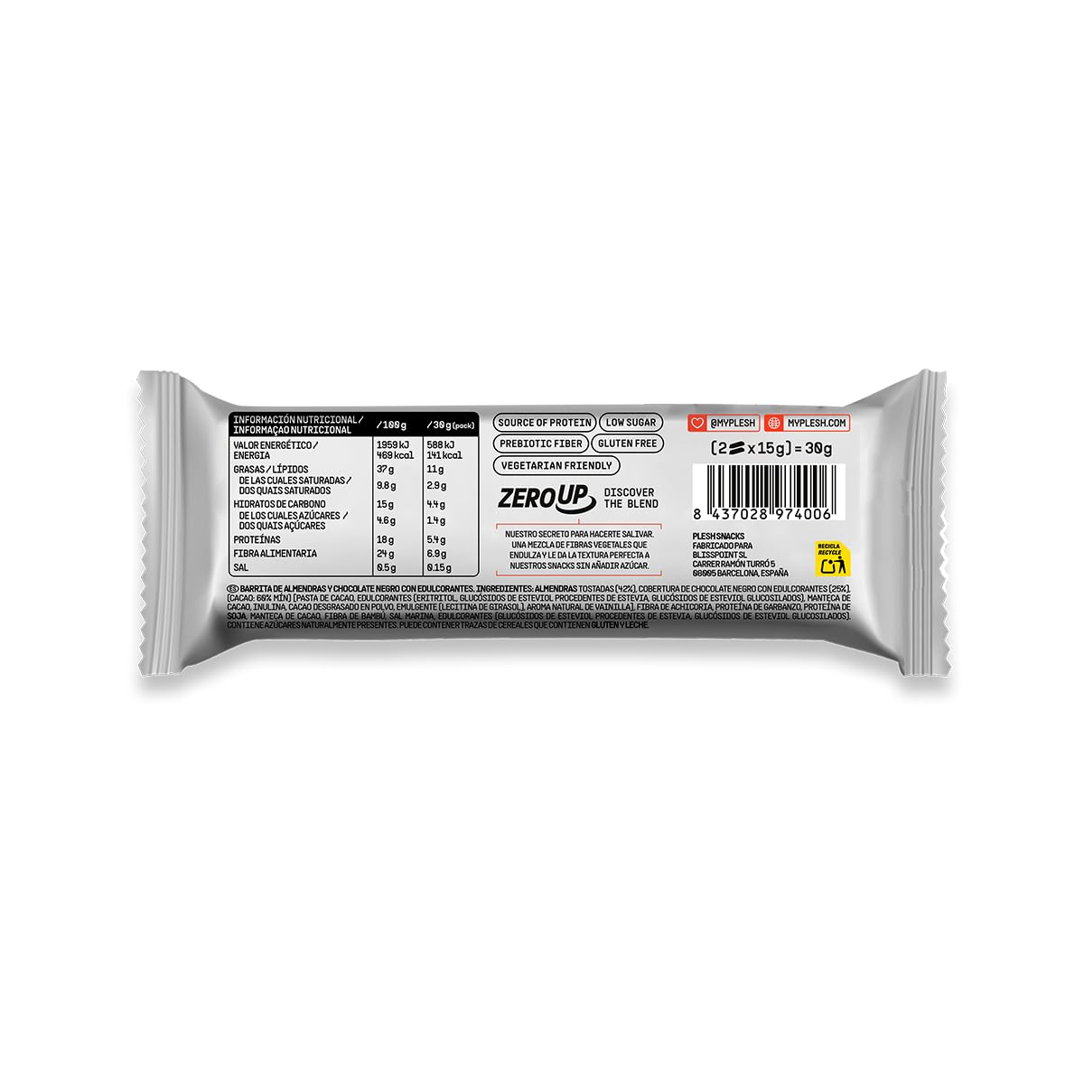Plesh | Barritas Dark Choco Almond Crunch | Caja con 20 Unidades | Snack de Almendras y Chocolate Negro | Alto en Proteína | Sin Azúcar Añadido | Fuente de Fibra | Sin Gluten | 20 x 30g