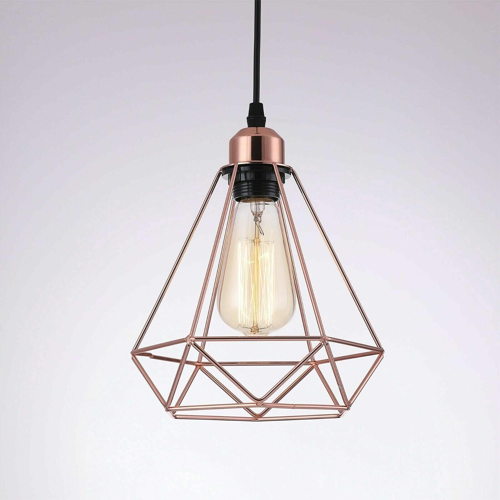 LEDSone Vintage metalowa 3-głowicowa lampa przemysłowa wisząca z drucianej klatki, diamentowa klatka, czarna wisząca lampa sufitowa E27, mocowanie z płytą sufitową 50 cm (diament 3, różowe złoto)