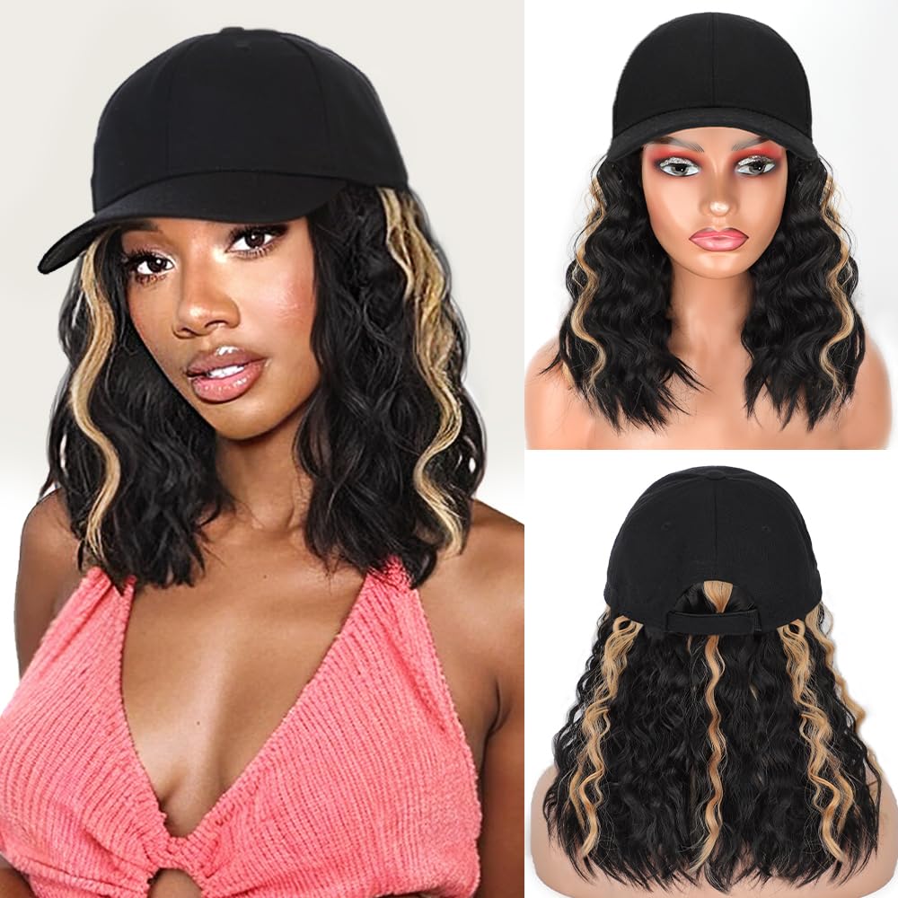 CHRSHN Hat Wigs for Women Baseball Cap With Hair Extensions Synthetic Hat with Hair Attached for Women Adjustable Wave Curly Hats Wig for Daily Use(H2