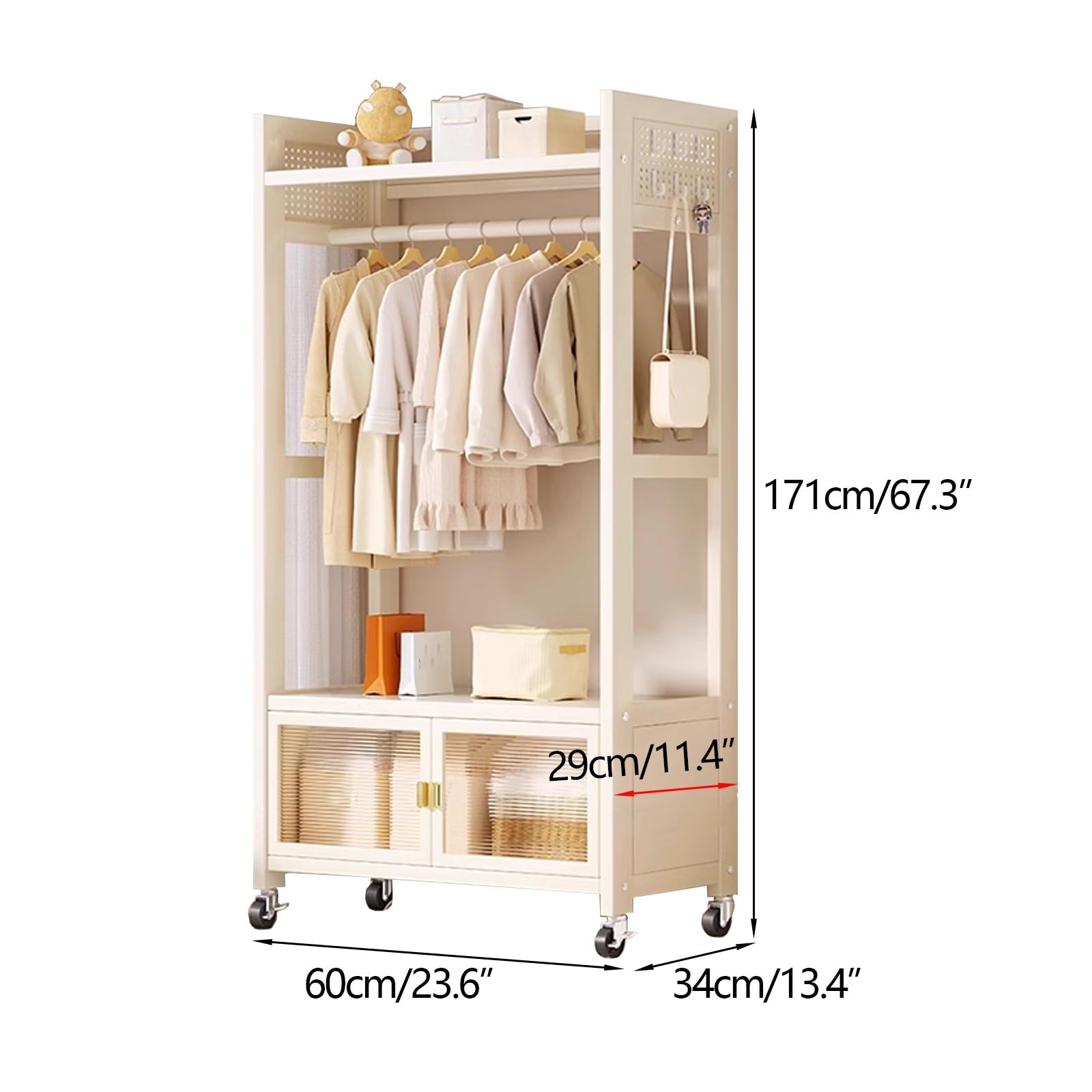 Armario Ropero Metalico Estanteria y Barra Fuerte Capacidad de Carga Armario Esquinero Dormitorio Juvenil con Ruedas para Dormitorios y Apartamentos(White,60x34x171cm)