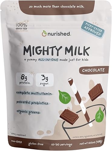 Nurished Mighty Chocolate Milk - Proteína diaria en polvo para niños potenciada con 2 mil millones de probióticos y hojas de espinaca orgánicas,