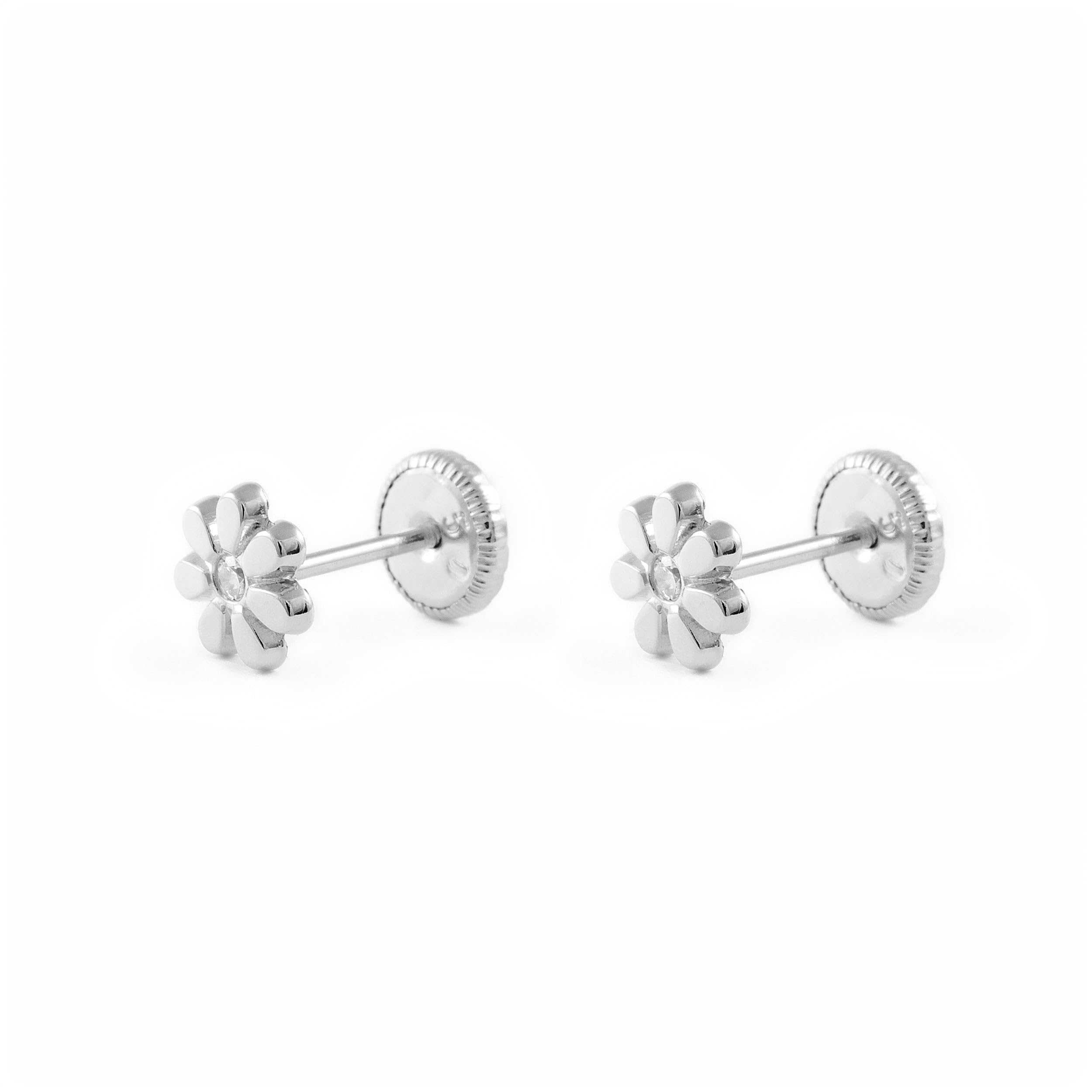Mondepetit - Orecchini bambini ragazza fiore margherita Zircone Oro Bianco 18K - Scatola Regalo - Certificato di garanzia