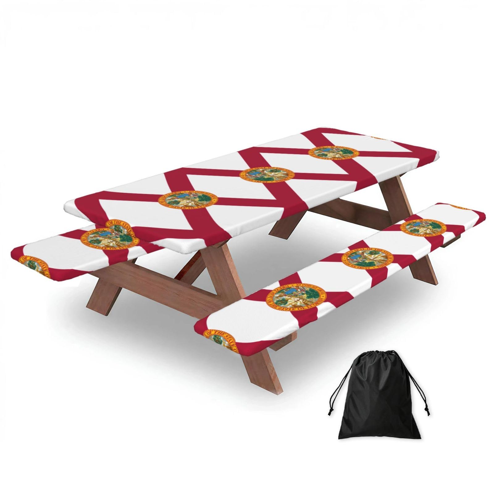 Duwaa Black Flag Of Florida Print 183Cm Picnic Table Cover With Bench Covers, Waterproof Elastic Tablecloth Set For Outdoor