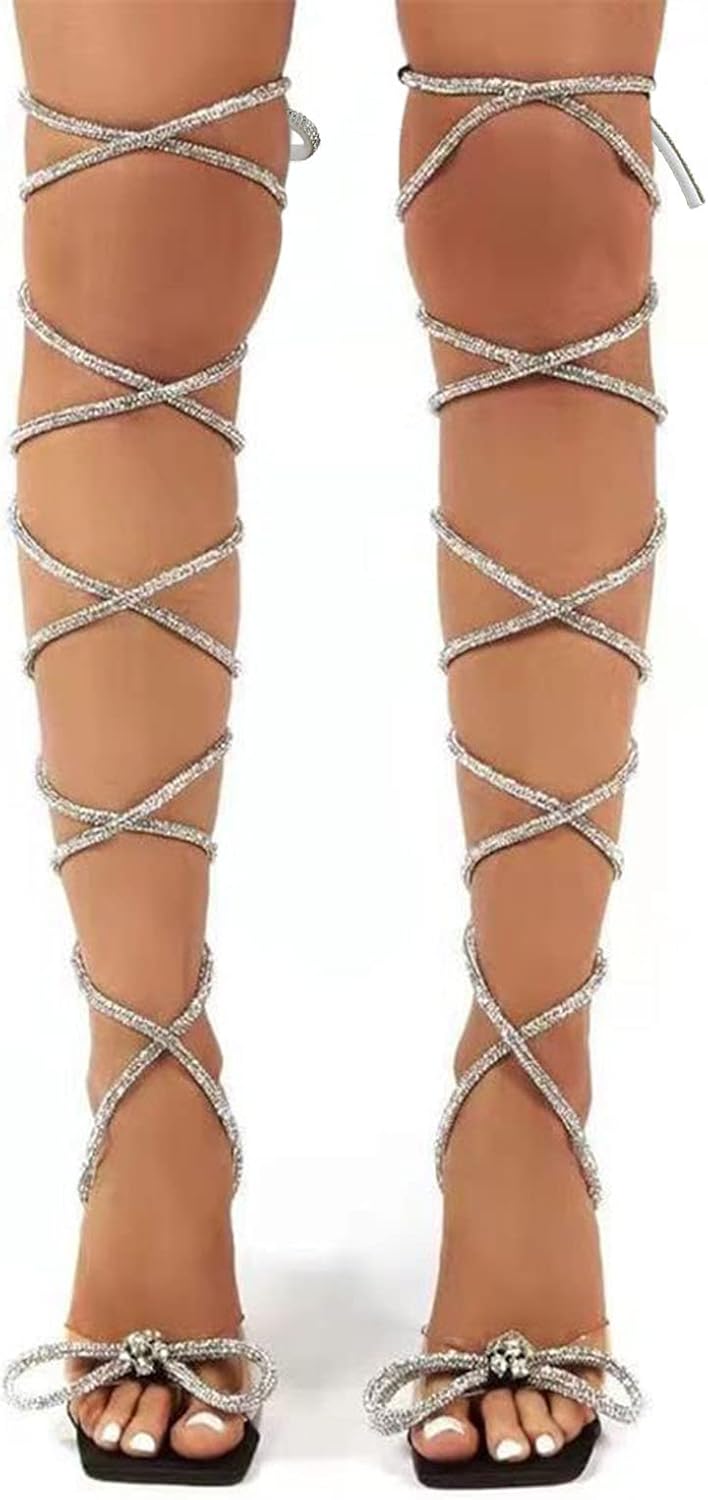 silver spiral thigh high diamante sandal