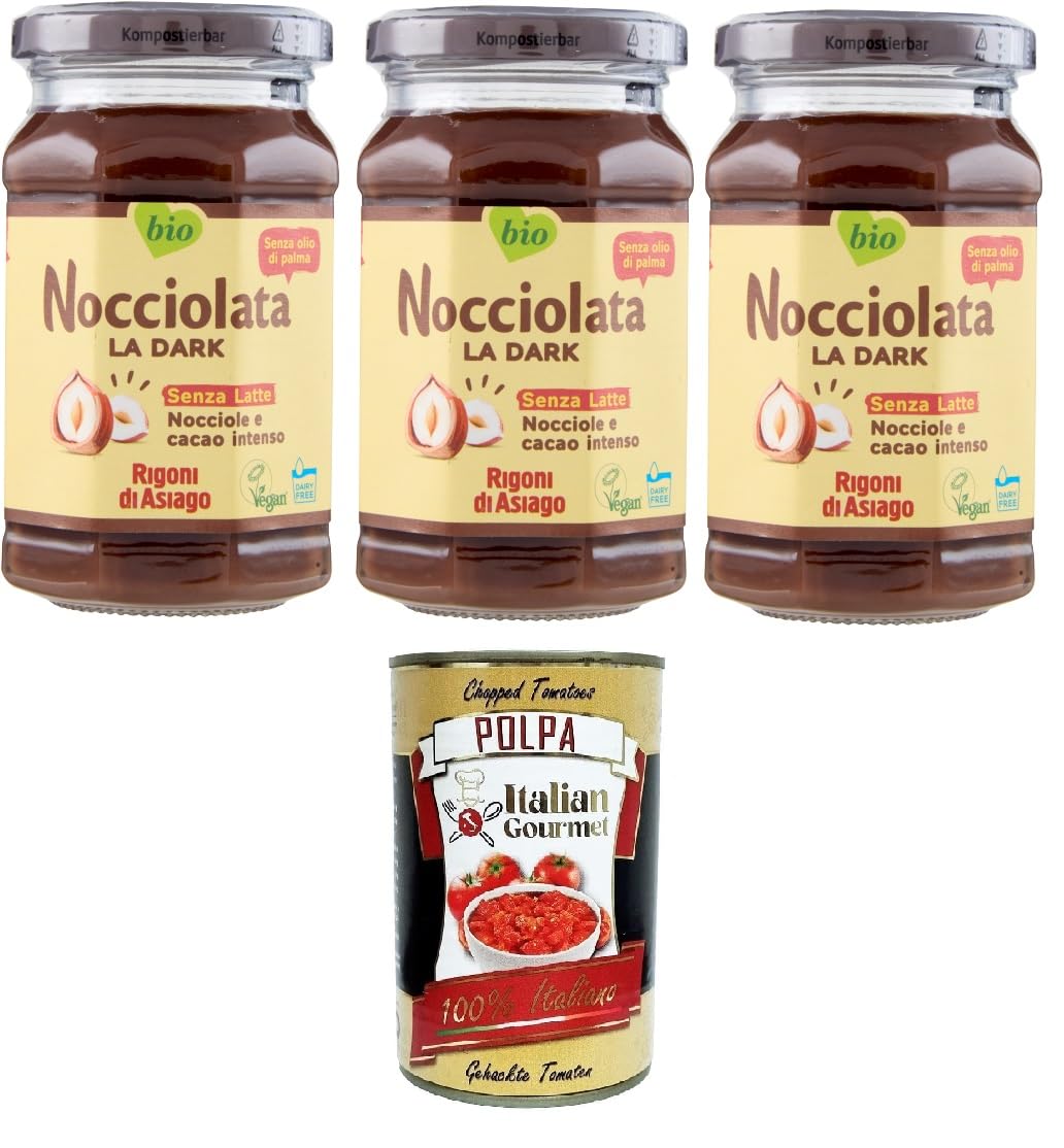 Italian Gourmet Bundle Dunkle Haselnuss-Kakao-Creme 3x 250g + Italian Gourmet Polpa Gratis – Intensiver Schokoladenaufstrich ohne Milch laut Verpackung, vegan & dairy free laut Verpackung, Vorrat 750g