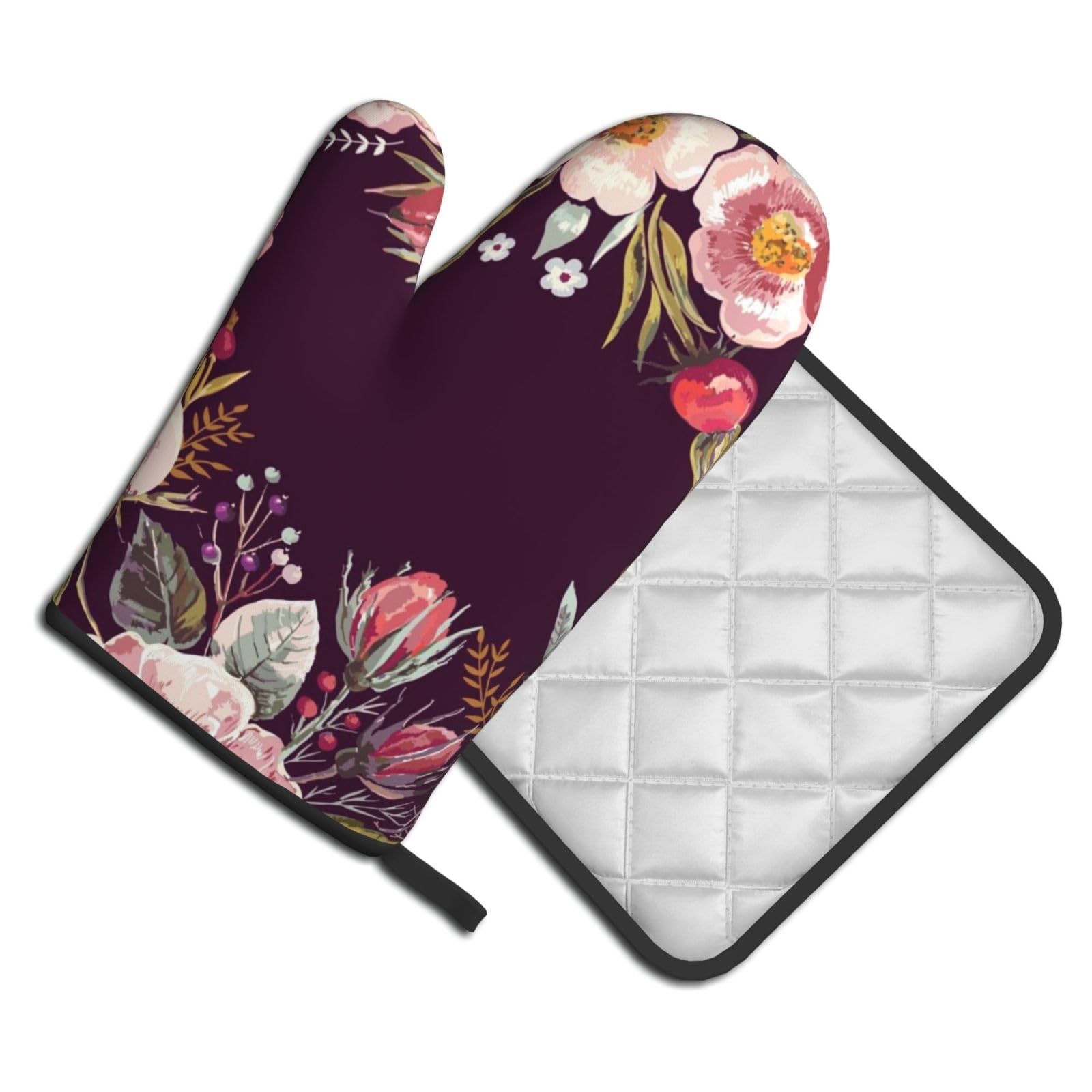 Oven Mitts and Pot Holders Set of 2 Pcs, Floral Printed Heat Resistant Kitchen Gloves Potholders for Cooking Baking Grilling