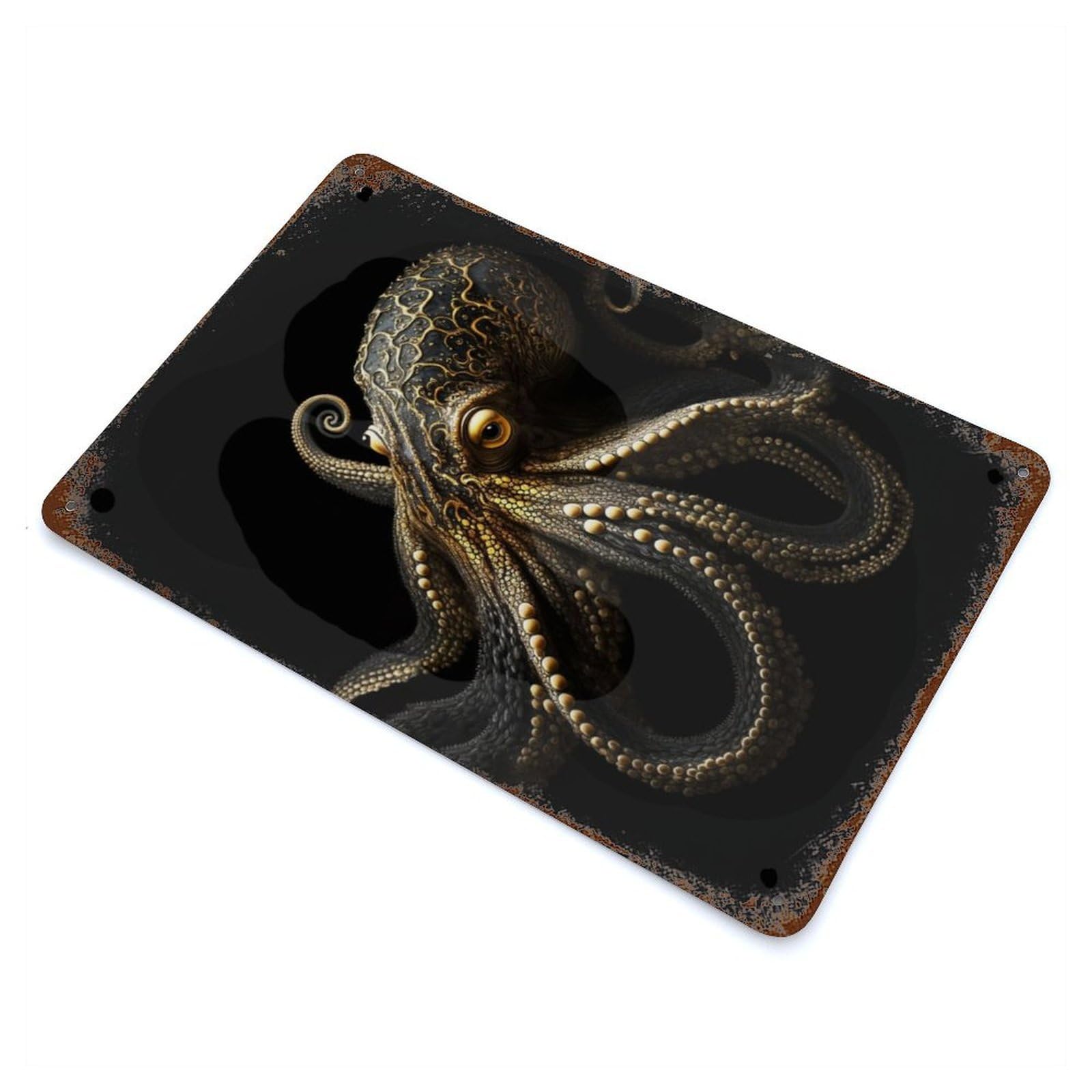 Black And Gold Octopus Vintage Wall Sign 11.8"x7.9", Rust Effect Metal Decor for Farmhouse, Kitchen And Entryway Decor
