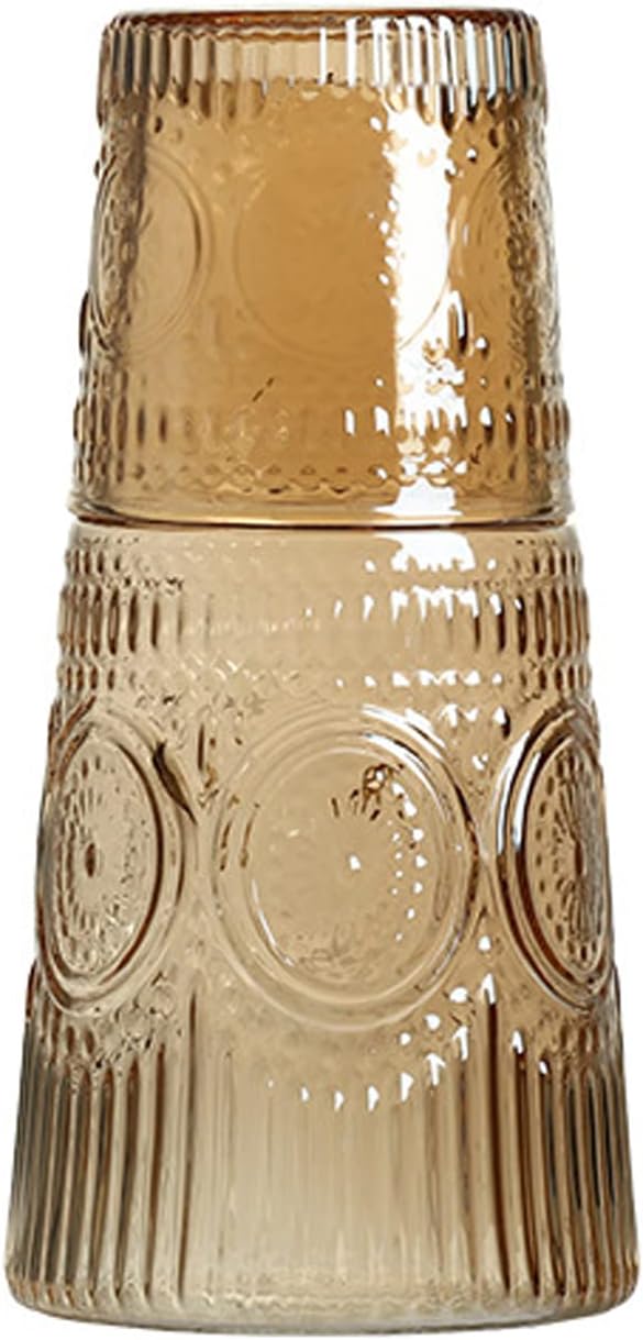 Retro Sunflower Relief Glass Bedside Night Water Carafe and Tumbler Set - Amber