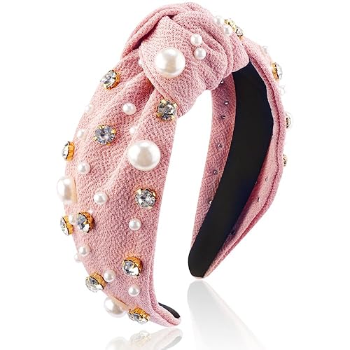 Miniatura 2 de AHONEY Diadema con perlas anudadas para mujeres y niñas, diadema de cristal con nudo superior de diamantes de imitación, diadema negra joya, diadema