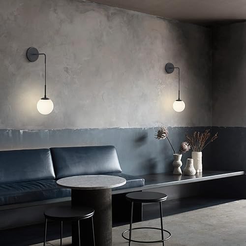 Miniatura 8 de KCO Juego de dos apliques de pared de vidrio blanco esmerilado, luz de pared de bola de globo negro, cable ajustable, lámpara de pared industrial