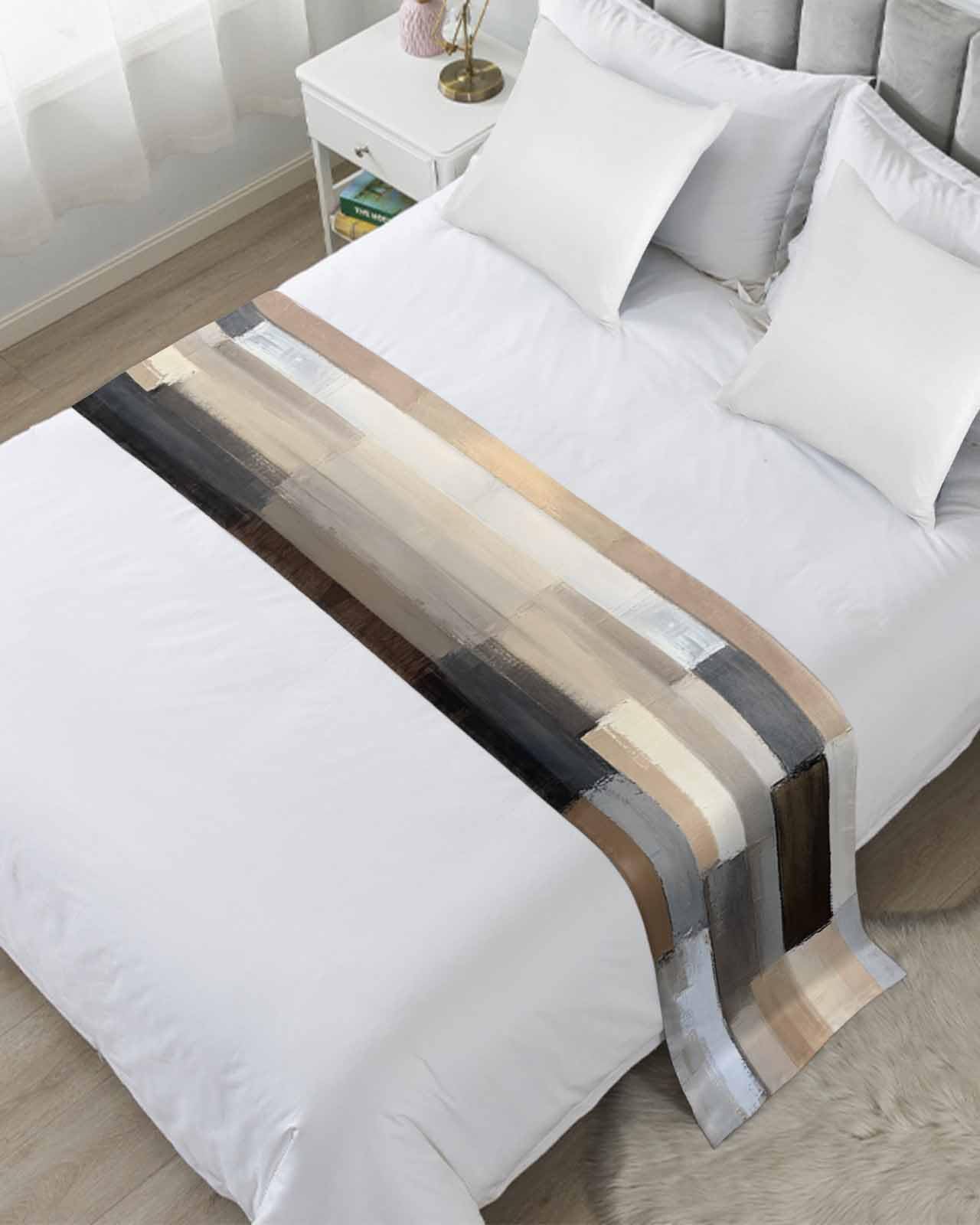 DecorLovee Brown Beige Plaid Bed Runners for Twin Size Bed, Decorative Bed Throws for Foot of Bed, Abstract Oil Painting Checkered Bed Runner Sofa Throw Bedding Scarf Protector Slipcover for Bedroom