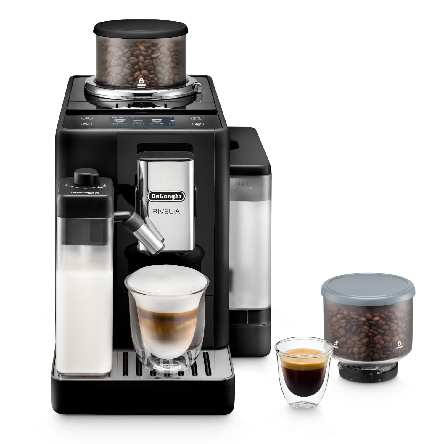De'LonghiRivelia EXAM440.55.B, Fully Automatic Coffee Machine with LatteCrema Hot, Automatic Milk Frother, Compact Size Bean to Cup Coffee Machine, 16 Recipes, Full Touch Colored Display, Black