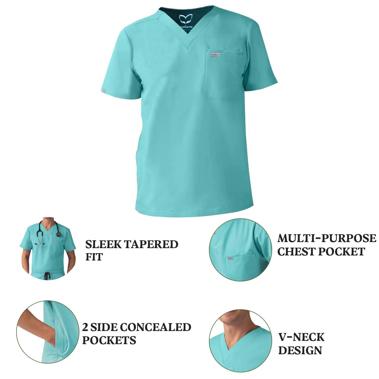 Cedar Men's Scrub Top - Sleek Tapered Fit, Modern V-Neck Healthcare Scrubs Top with 4 Pockets - 4-Way Stretch, Moisture-Wicking, Anti-Wrinkle Men Workwear Scrub Top - Surgical Green, Large