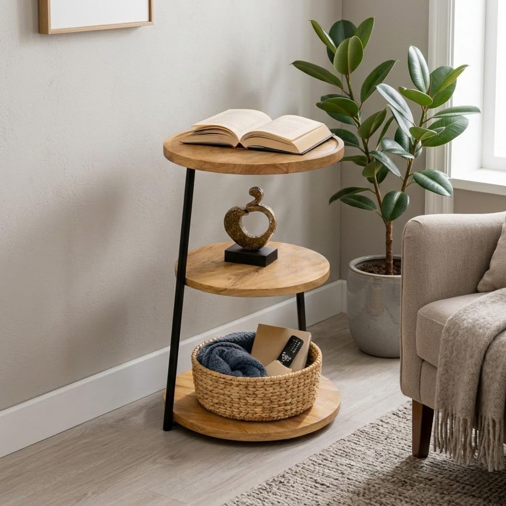 POSHIO Wooden Side Table 3 Tier Round with Metal Frame– Modern End Table Organizer with Storage Shelves (Light Brown, 61.5, Centimeters, 40.5, Centimeters, 40.5, Centimeters)-image-28