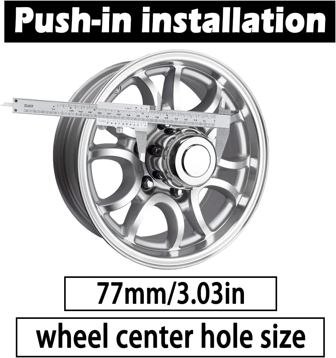 4Pcs 3.03inch Trailer Wheel Center Caps Push Through 3.03" Bore 2.36" Tall Hub Cap for Truck SUV RV Wheel Rim, Chrome Silver Wheel Cover