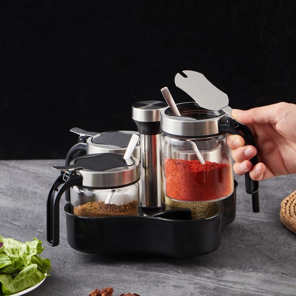 Macetas giratorias para condimentos, azucarero, salero y pimentero con tapa y cuchara, juego de 4 tarros de especias con bandeja giratoria de 360 grados para cocina, 3 ollas + 1 dispensador de