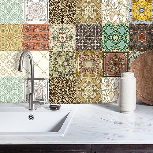 TOARTi TOATi 18pcs Moroccan Tile Stickers,15cm(6") Kitchen Bathroom Wall Tile Stickers Peel and Stick on Tile Transfers Covers Decals Self Adhesive Vinyl Waterproof Vintage Mosaic Art