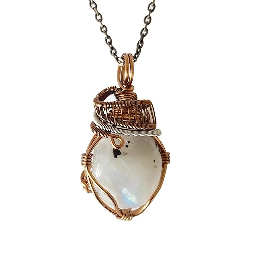 Designs by Nature Gems Handmade Womens Rainbow Moonstone Necklace 24 inch Chain Antique Bronze & White Gold Plated, June Birthstone