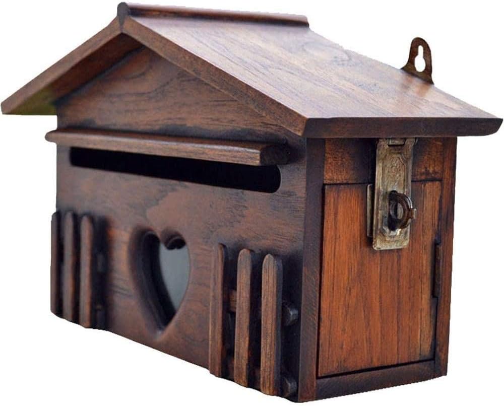Post Box Wood Wall Mount Mailboxes Vintage Decorative Wood Letter Box Lockable Farmhouse Mail Box Hanging Wall Post Box Outdoor Mailbox-31x18.5x10cm_Wood