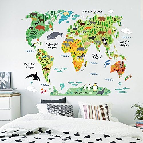 Winhappyhome Animal World Map Kids Wall Stickers for Children Bedroom Living Room Nursery Background Sticker Decor Removable Decals