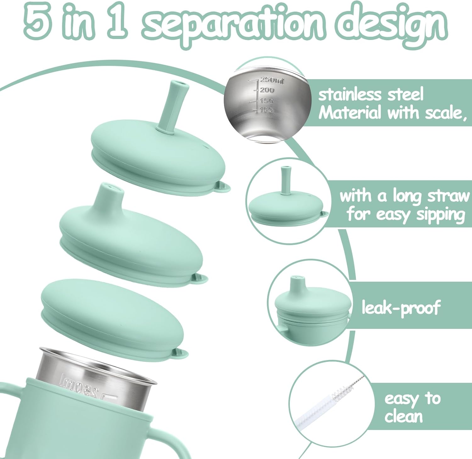 Mity rain 3-In-1 Stainless Steel Sippy Cup for 6+ Month Old, Baby Straw Cups for Toddlers 1-3 with Travel Lid, Silicone Straw, Replacement Straw & Cleaning Brush - 8oz Toddler Cups Spill Proof Set - Image 4