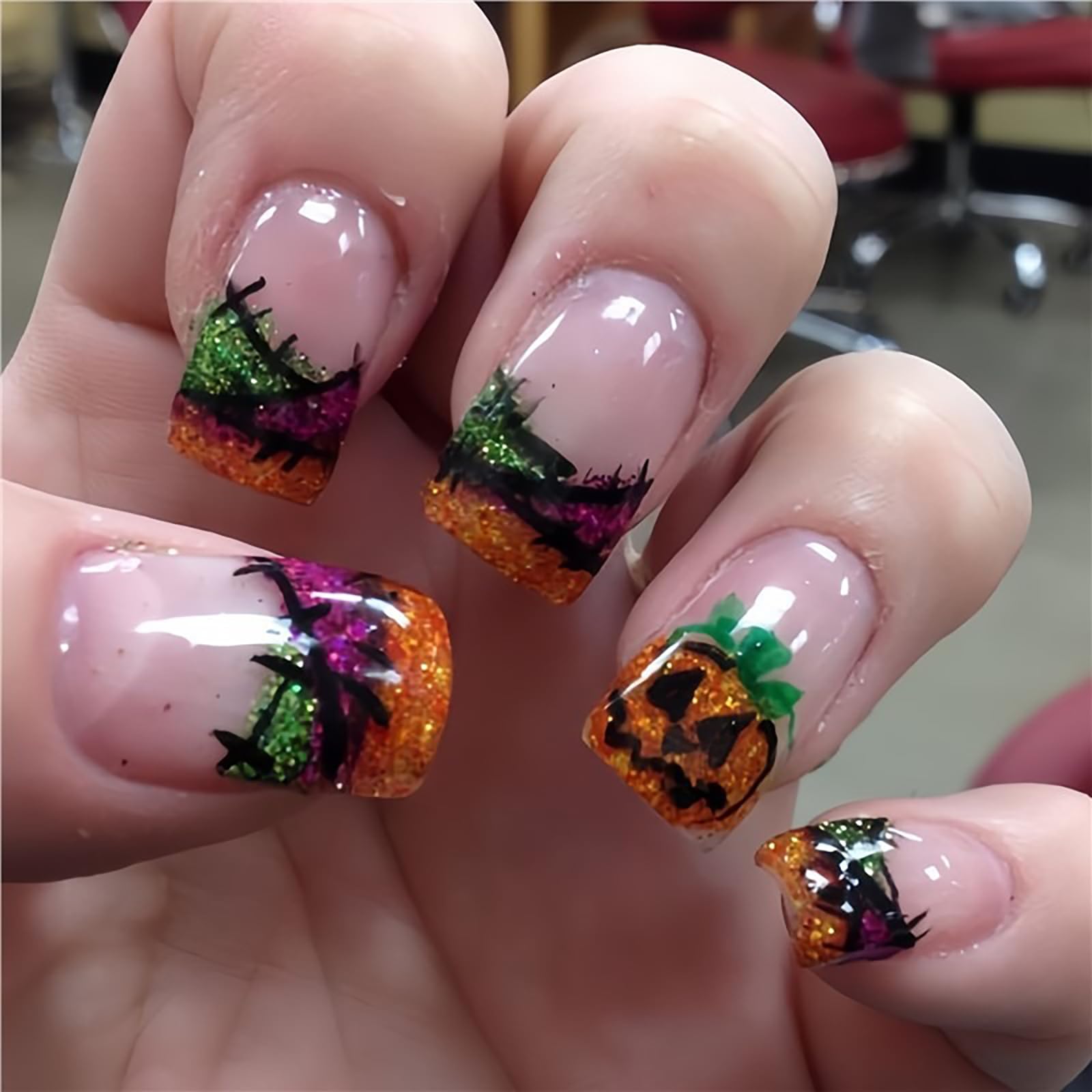 French Tip Press on Nails Medium Square Fake Nails Halloween Glue on Nail Colorful Glitter Gloss Acrylic Nail with Pumpkin Designs False Nails Full