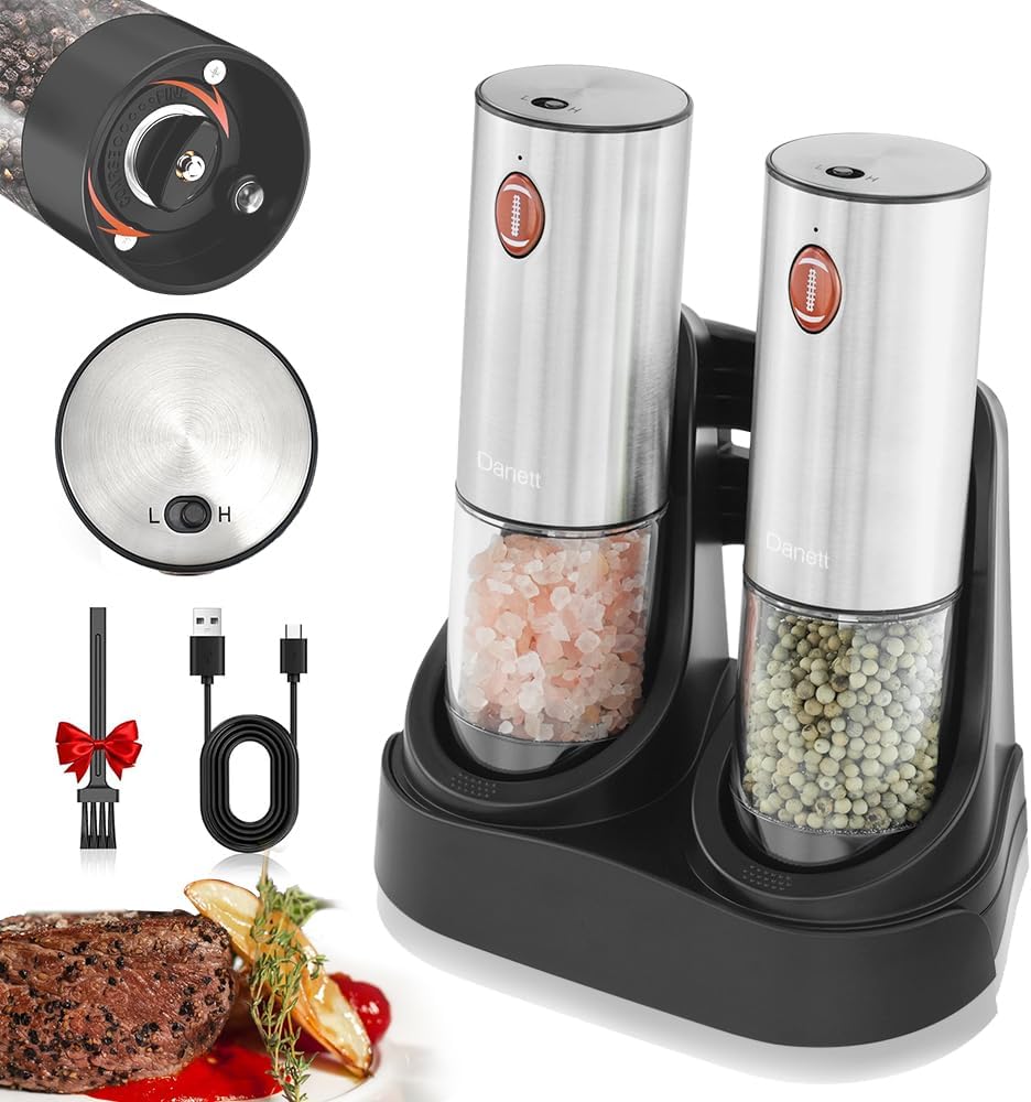 New 2Pack Rechargeable Electric Salt and Pepper Grinder Set with Charging Base Portable,Automatic Mills LED Light,7-Level Coarseness & 2-Speed Adjustable,One-Handed Operation-Exclusive Football Button New 2Pack Rechargeable Electric Salt and Pepper Grinder Set with Charging Base Portable,Automatic Mills LED Light,7-Level Coarseness & 2-Speed Adjustable,One-Handed Operation-Exclusive Football Button