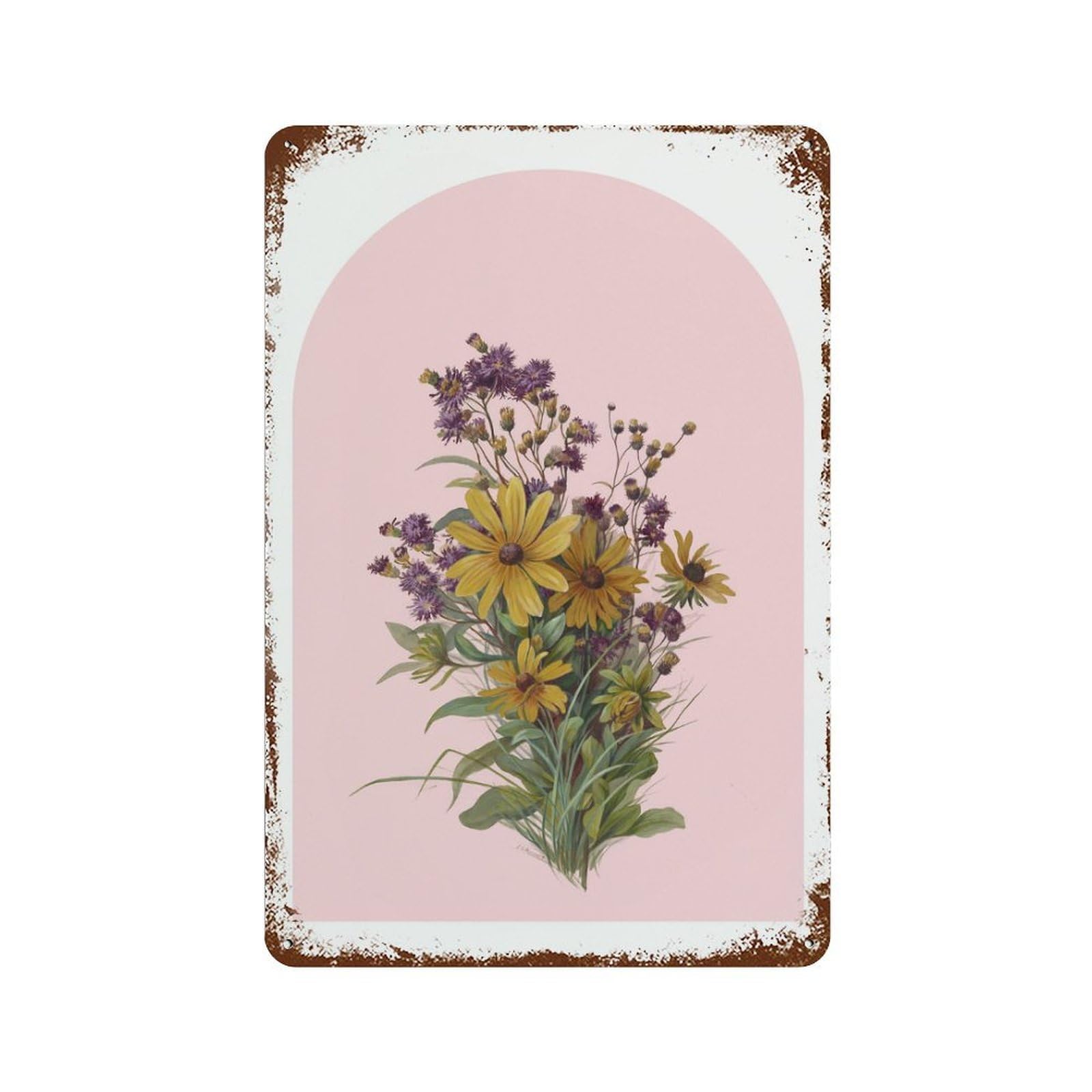 Vintage Wildflower Bouquet Pink 11.8"x7.9" Vintage Rust Metal Sign, Decorative Metal Wall Art for Bistro, Counter And Cafe Decor