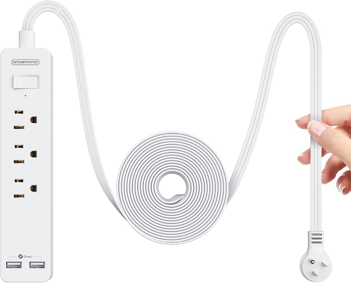 NTONPOWER Extension Cord 10 Ft, Flat Extension Cord Under Carpet, Rug, Door, Flat Plug Power Strip with 3 Outlets 2 USB, Wall Mount, Overload Protection for Indoor Office Home Dorm Room Essentials