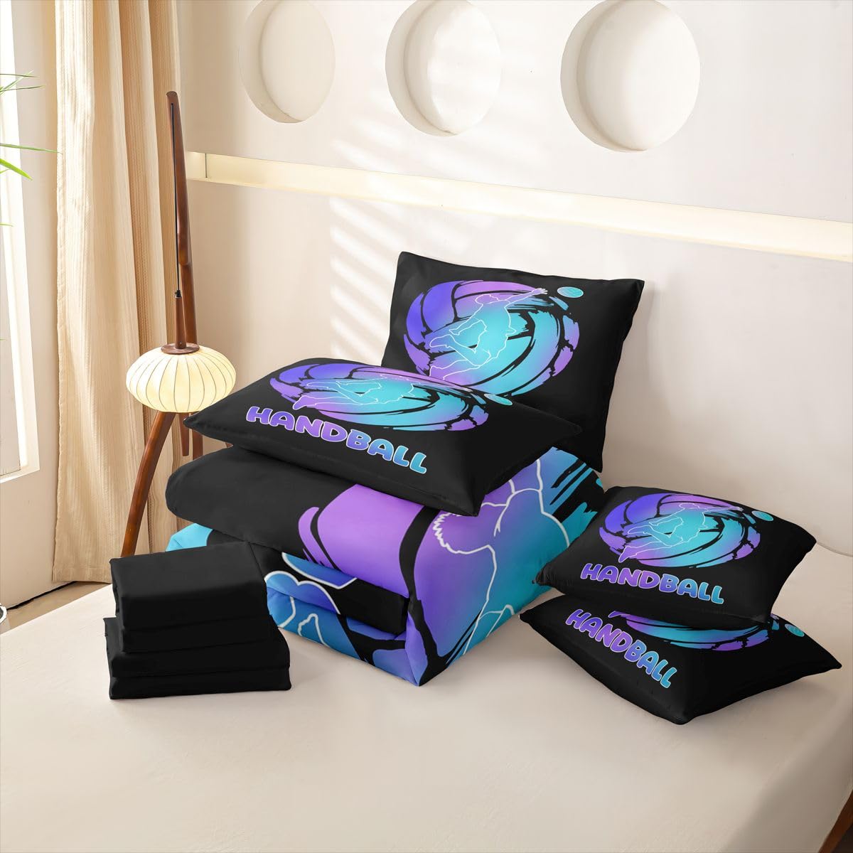 Homemissing Juego de funda de edredón de voleibol azul y morado, tamaño doble, 7 piezas, 1 funda de edredón, 1 sábana encimera, 1 sábana bajera, 2 fundas de cojín, 2 fundas de almohada, ropa de cama