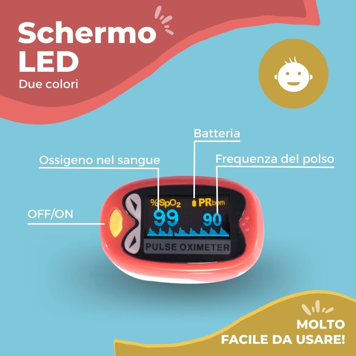 Mobiclinic ®, Saturimetro pediatrico, Py03, Pulsossimetro da dito per bambini, Affidabile e accurato, Ossimetro professionale, Con caricatore usb, Forma di uccellino, Rosso