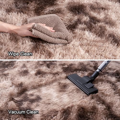8x10 Shag Area Rug - Fluffy Fuzzy Nursery Kids Girls Room Rug - Soft Plush Furry Bedside Carpet- Tie-Dyed Brown
