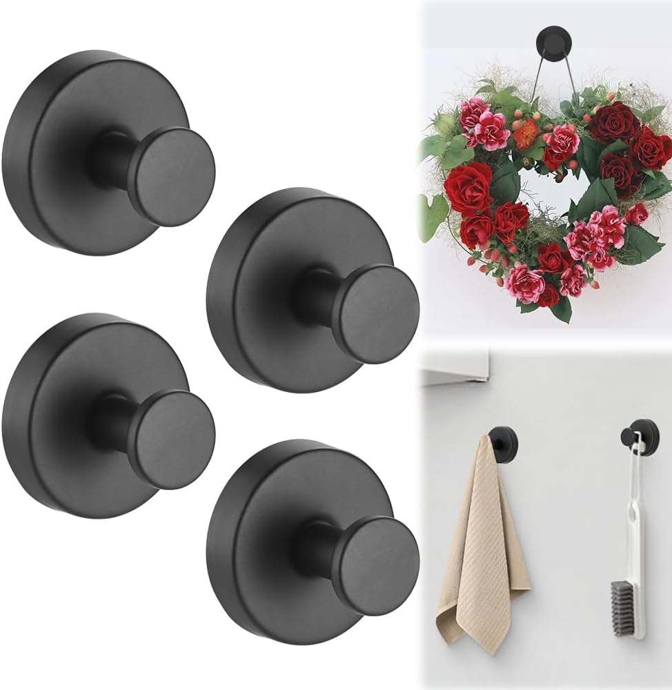 Auiepet Suction Cup Hooks for Wreaths on Glass, 2025 New Luxe Hold No Drill Hooks for Shower Hanging Towels, Suction Cup Wreath Hanger Holder for Glass Window Door Bathroom Mirrors (4, Black)