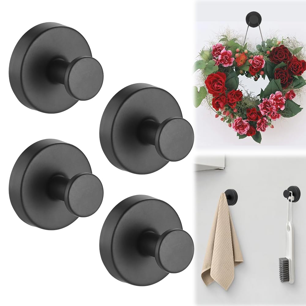 Lot de 4 crochets à ventouse de luxe sans perçage en acier inoxydable, étanches et sans perforation pour salle de bain, douche, portes de douche en verre, serviettes, miroirs (noir)