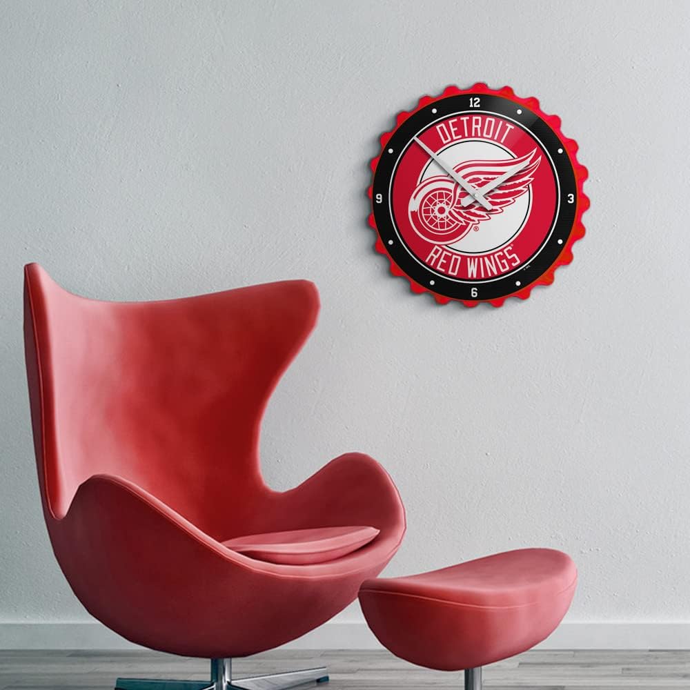 The Fan-Brand NHL Detroit Red Wings: Bottle Cap Wall Clock - Sports Team Bar Sign Décor - Home Man Cave, Party Decoration - Made On Demand