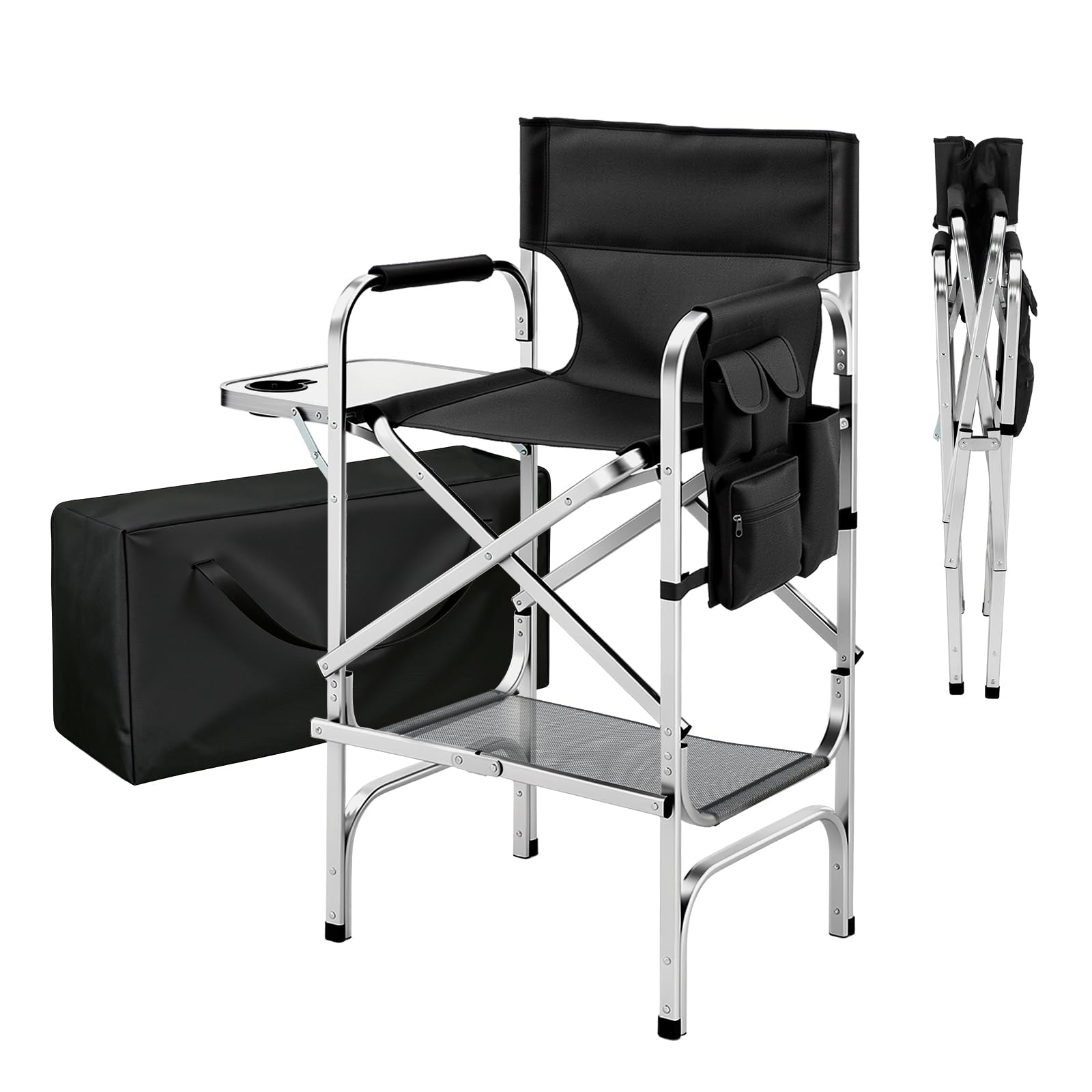 VINGLI 31" Tall Director's Chair for Makeup Artist, Aluminum Portable Makeup Chair with Retractable Side Table & Footrest,Supports 300 lbs, Foldable Makeup Chair for Studio, Silver & Black